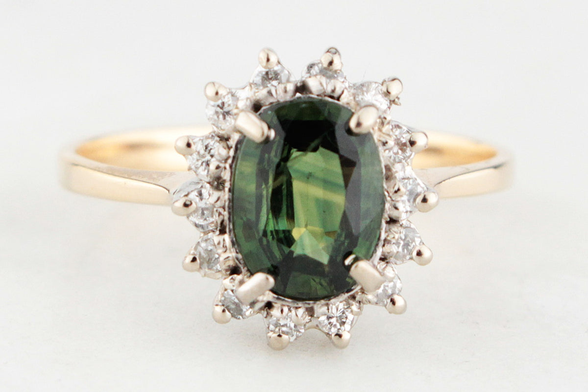 VINTAGE 1.1ct GREEN SAPPHIRE &amp; DIAMOND CLUSTER RING 14ct GOLD