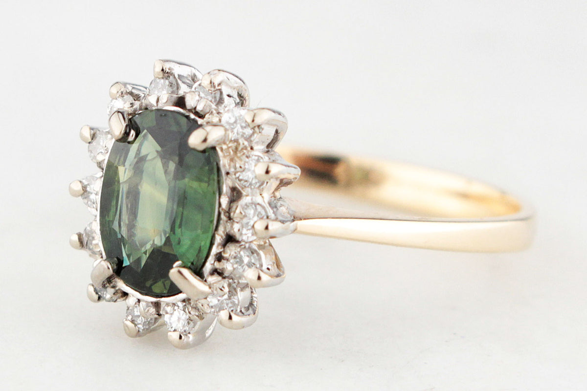 VINTAGE 1.1ct GREEN SAPPHIRE &amp; DIAMOND CLUSTER RING 14ct GOLD