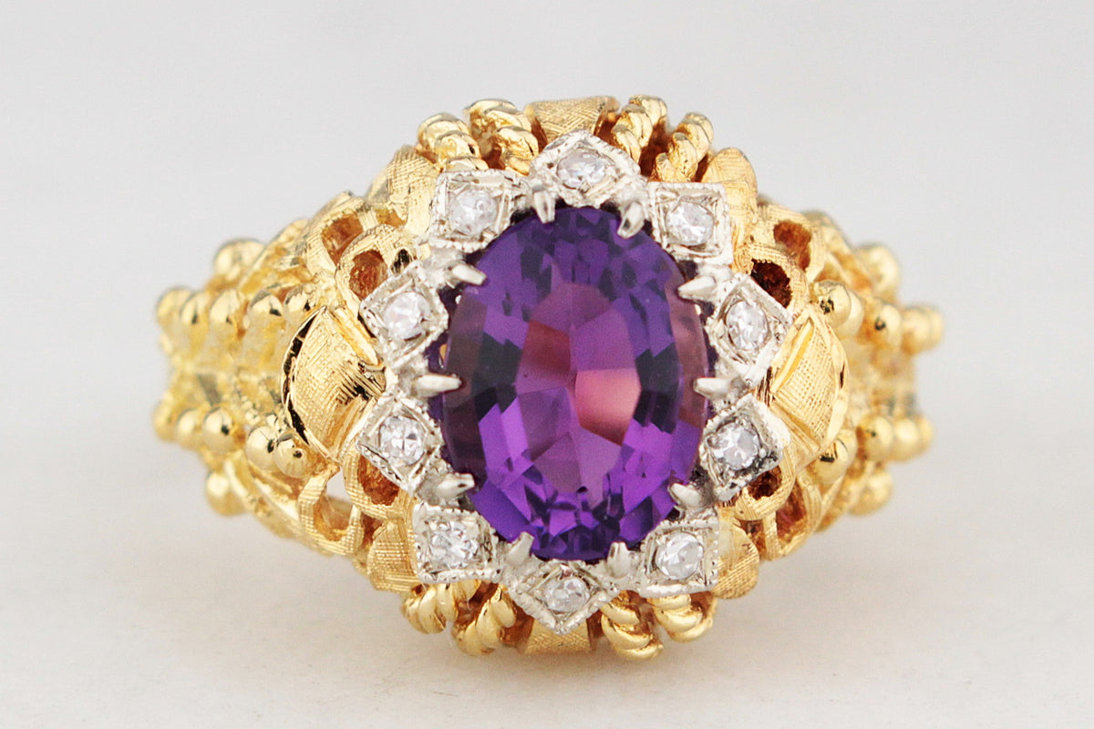 VINTAGE c1940 AMETHYST AND DIAMOND COCKTAIL RING 18ct GOLD