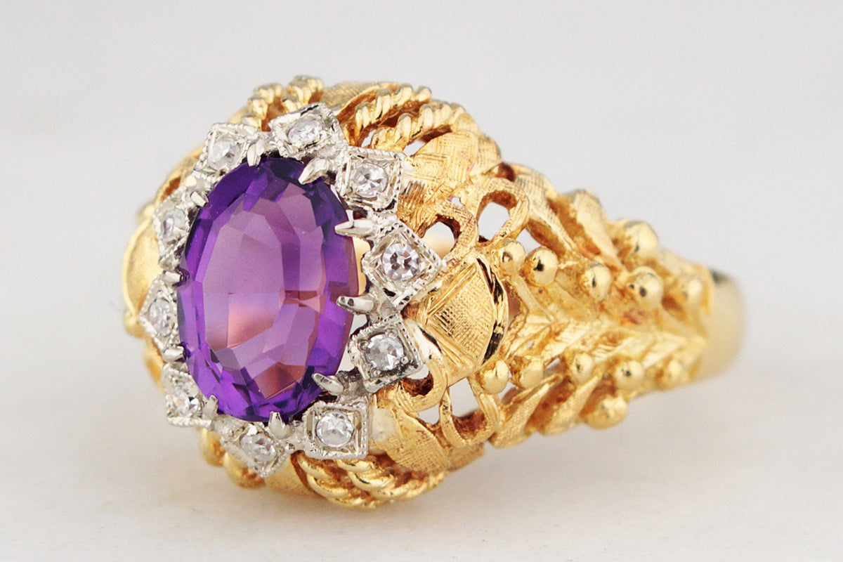 VINTAGE c1940 AMETHYST AND DIAMOND COCKTAIL RING 18ct GOLD