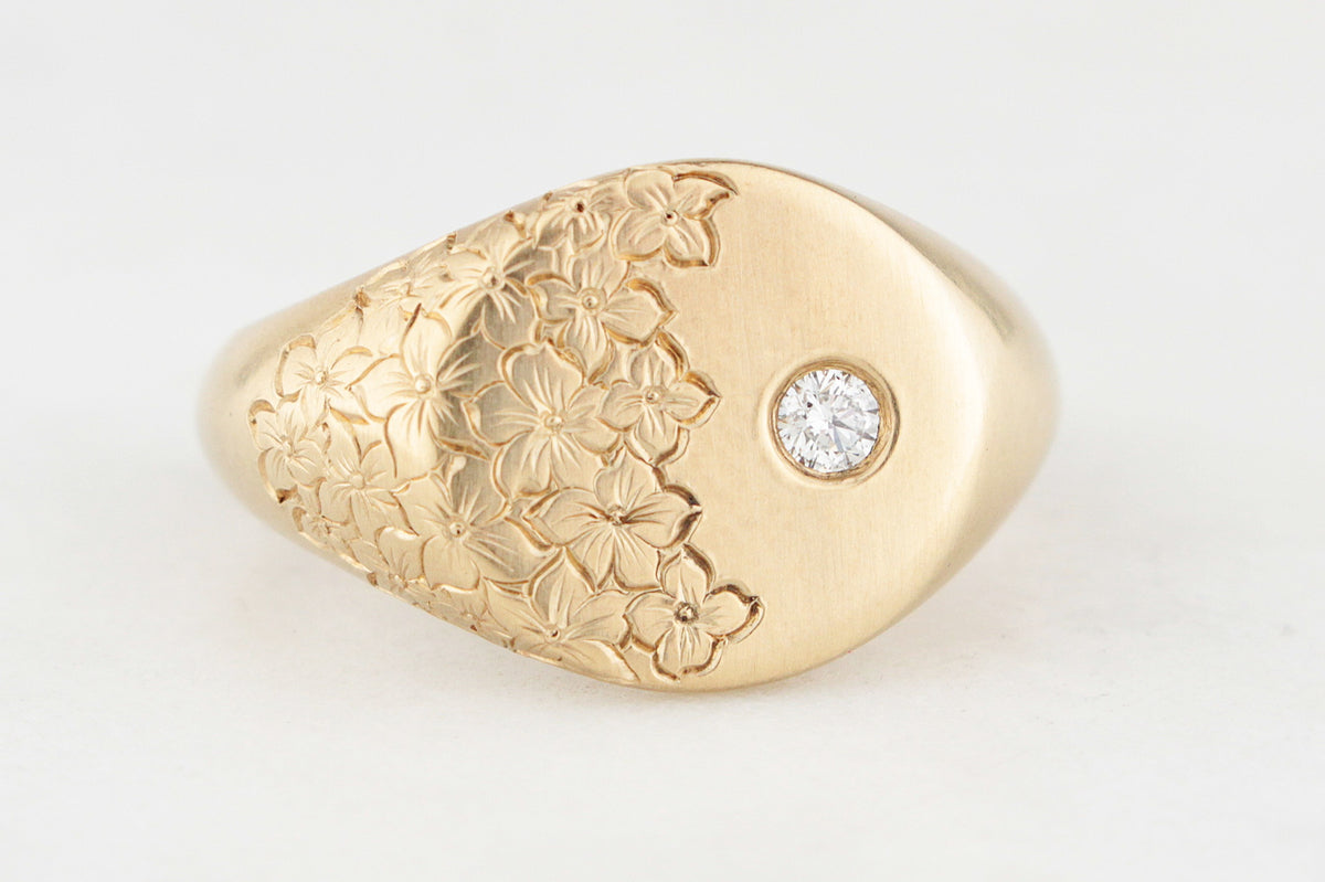 BESPOKE DIAMOND FLORAL SIGNET RING 9CT GOLD