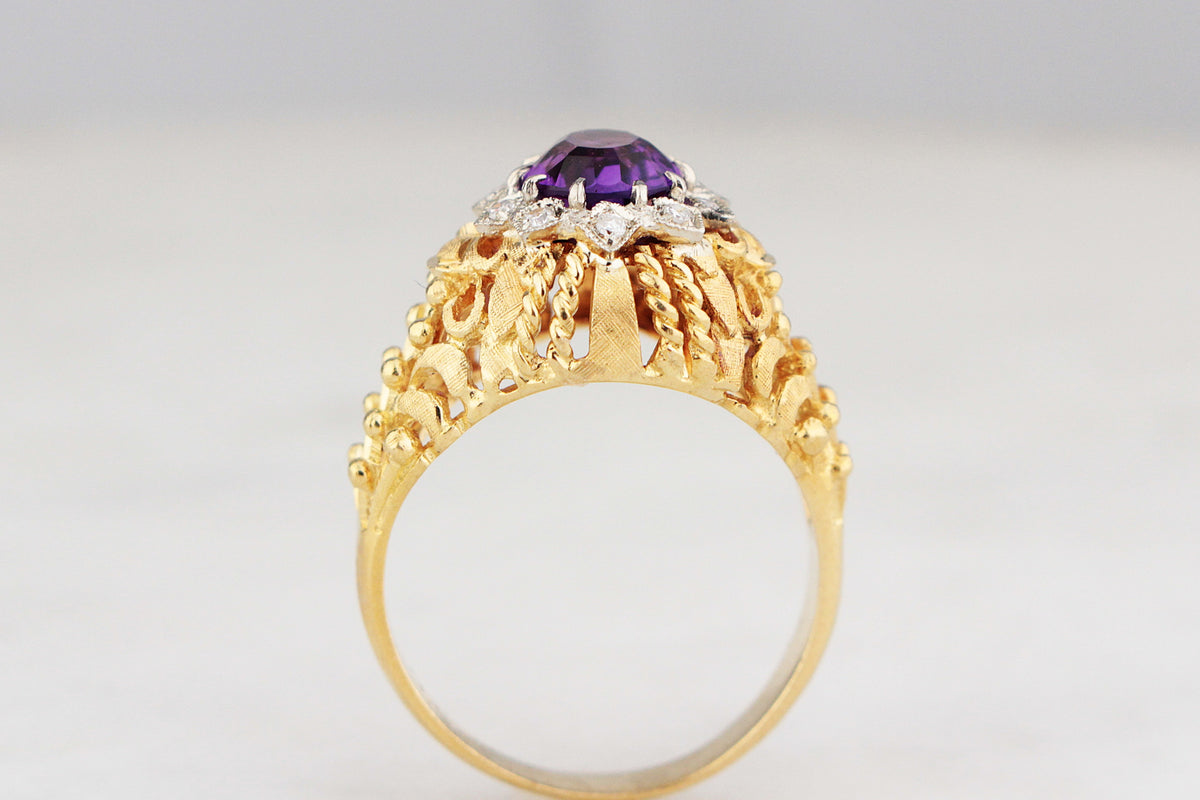 VINTAGE c1940 AMETHYST AND DIAMOND COCKTAIL RING 18ct GOLD
