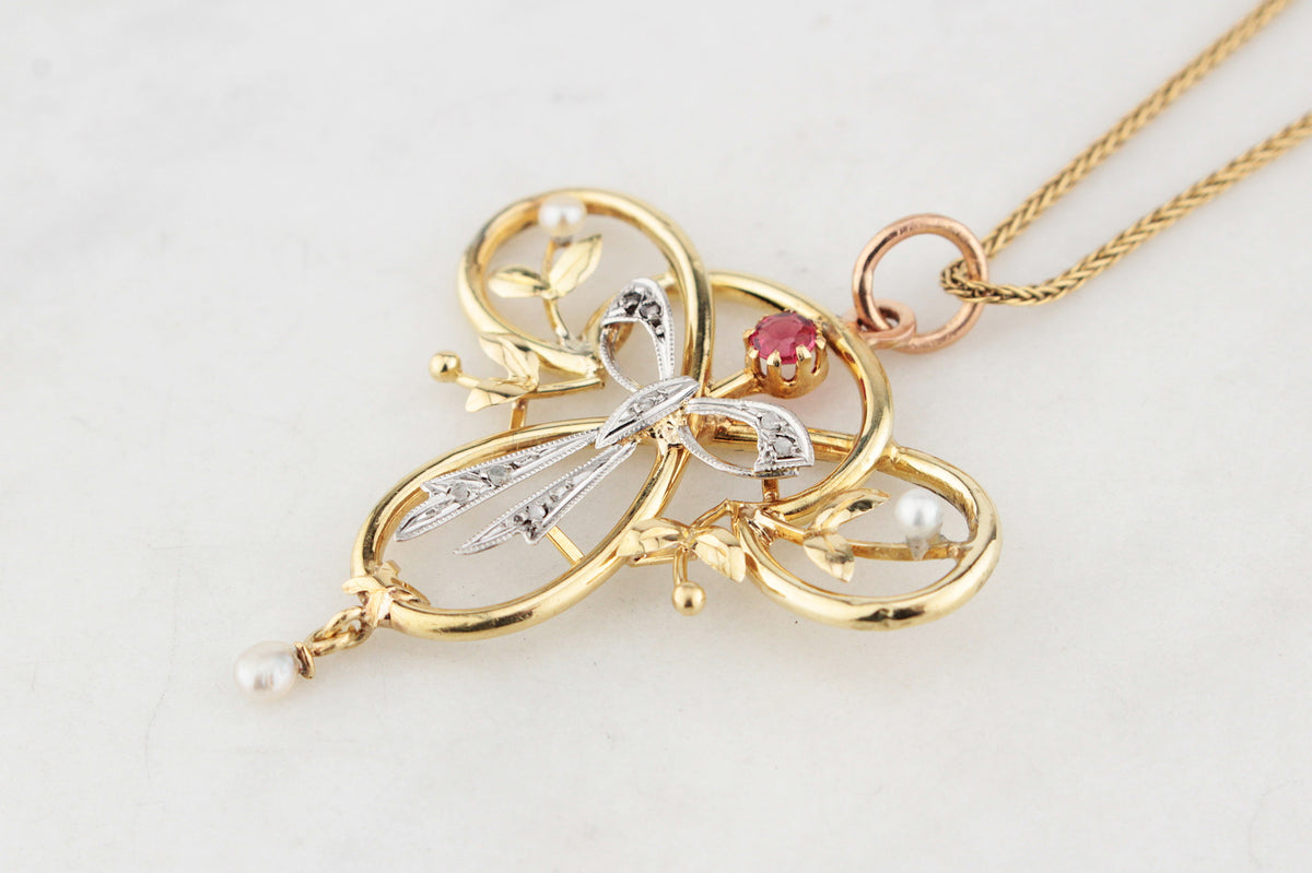 ANTIQUE EDWARDIAN RUBY, PEARL &amp; DIAMOND PENDANT 9ct GOLD