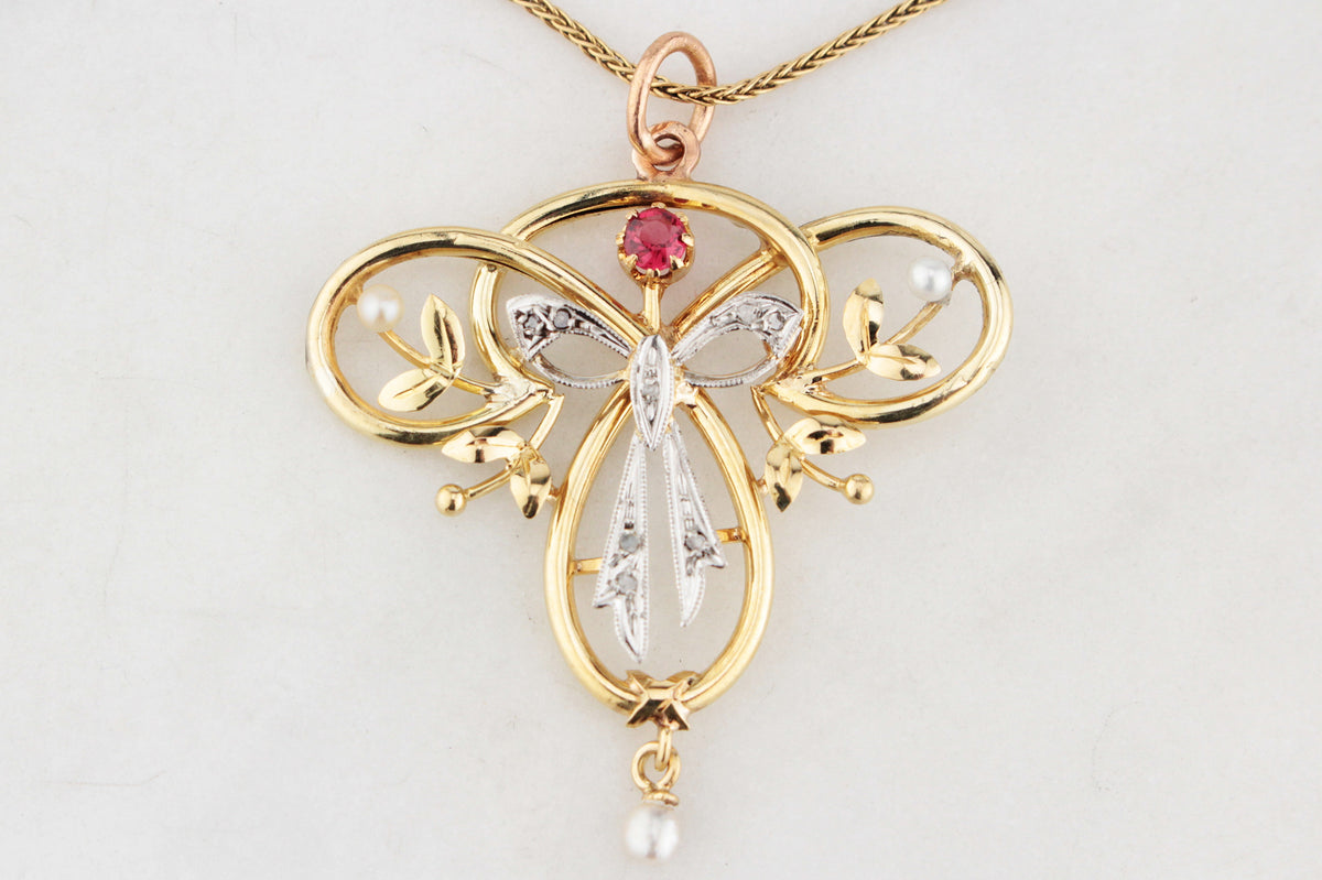 ANTIQUE EDWARDIAN RUBY, PEARL &amp; DIAMOND PENDANT 9ct GOLD