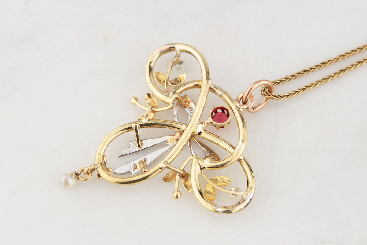 ANTIQUE EDWARDIAN RUBY, PEARL &amp; DIAMOND PENDANT 9ct GOLD