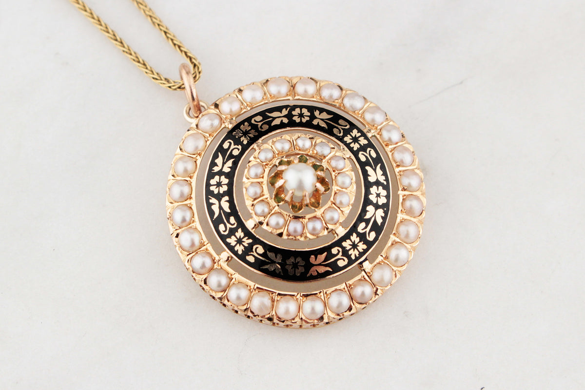 ANTIQUE VICTORIAN PEARL &amp; BLACK ENAMEL PENDANT 9ct GOLD