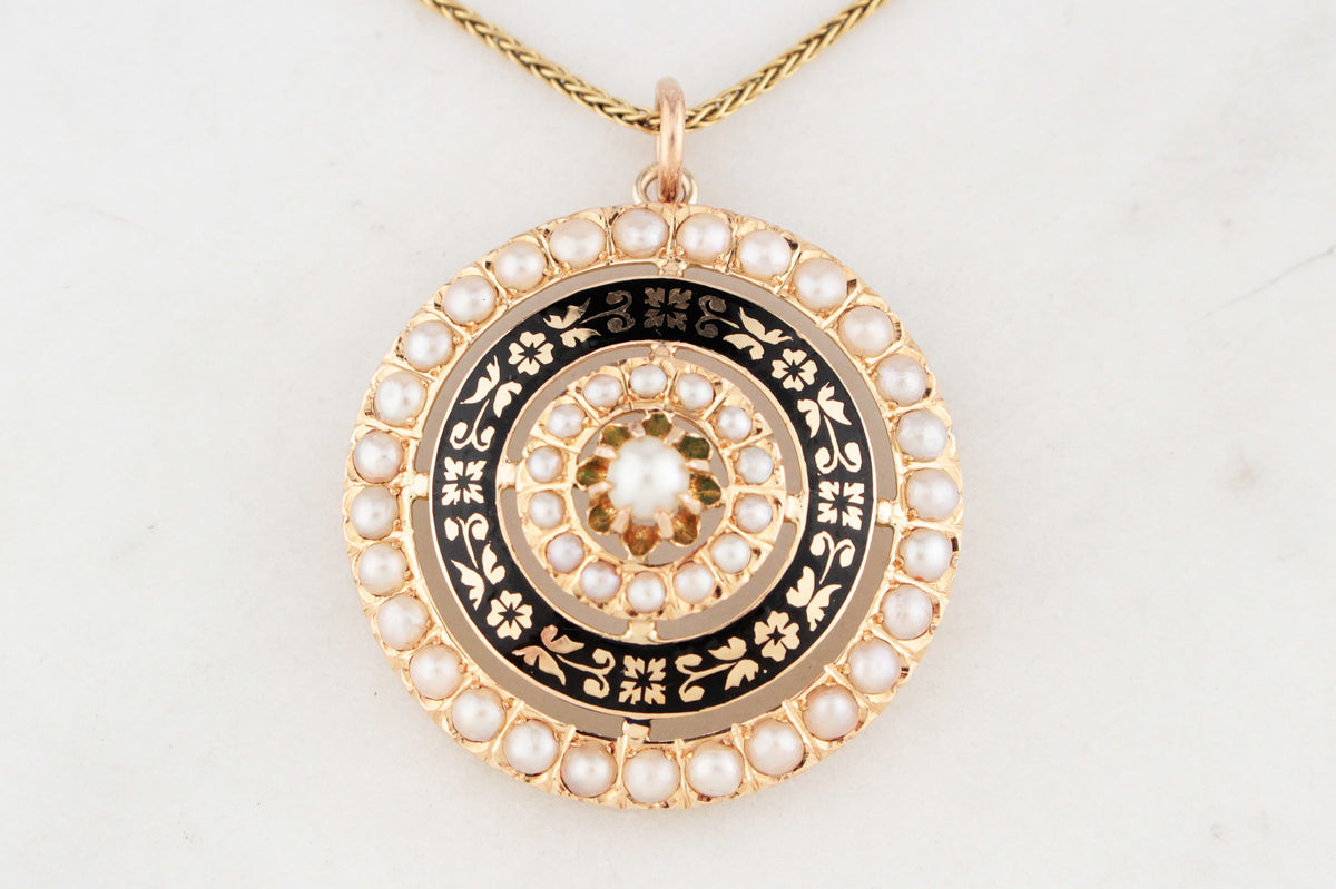 ANTIQUE VICTORIAN PEARL &amp; BLACK ENAMEL PENDANT 9ct GOLD