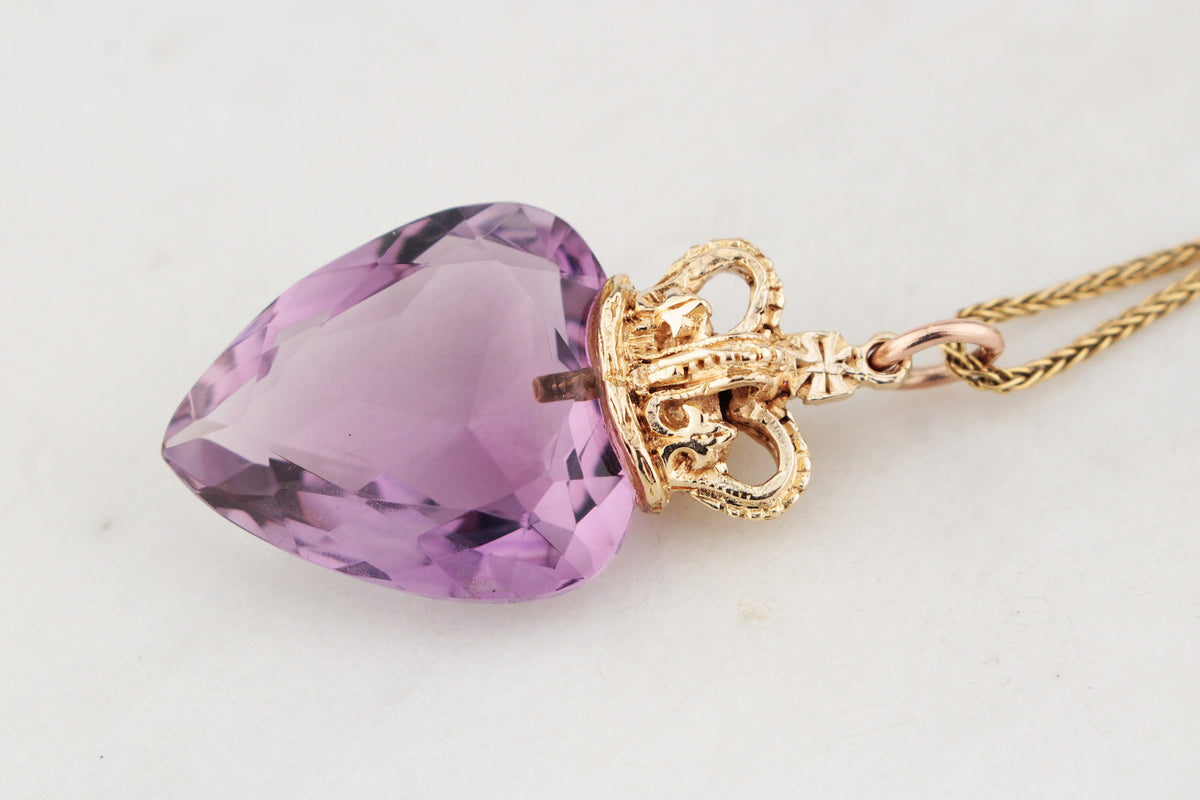 ANTIQUE EDWARDIAN c1915 AMETHYST HEART PENDANT 9ct GOLD