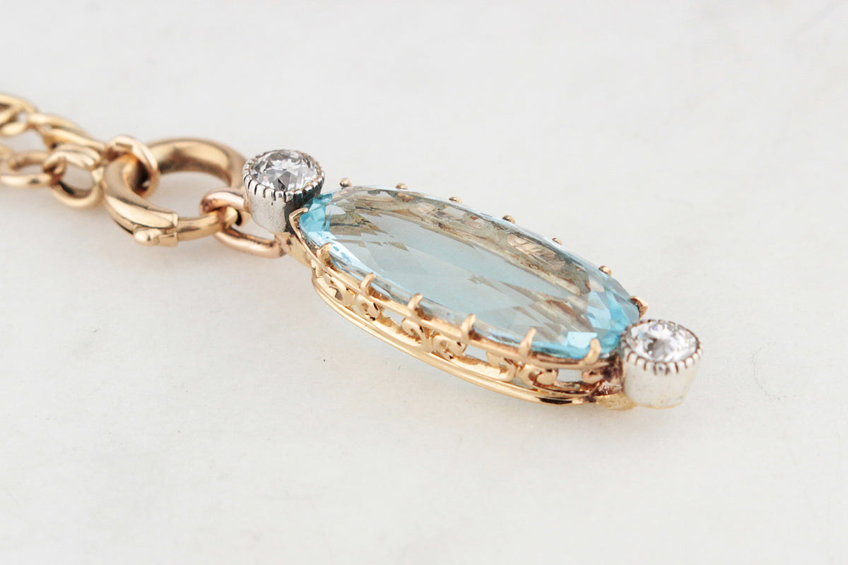 ANTIQUE 7ct AQUAMARINE &amp; OLD EUROPEAN CUT DIAMOND PENDANT 18ct GOLD