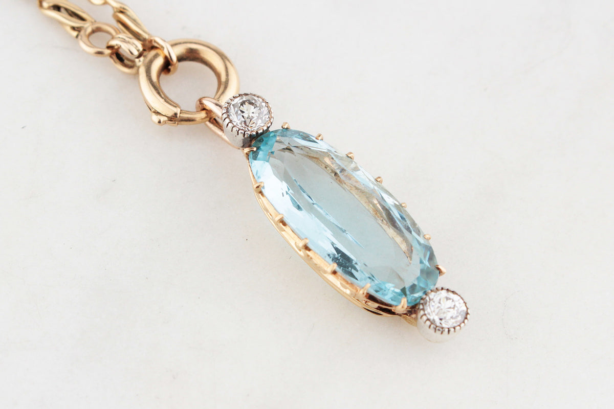 ANTIQUE 7ct AQUAMARINE &amp; OLD EUROPEAN CUT DIAMOND PENDANT 18ct GOLD