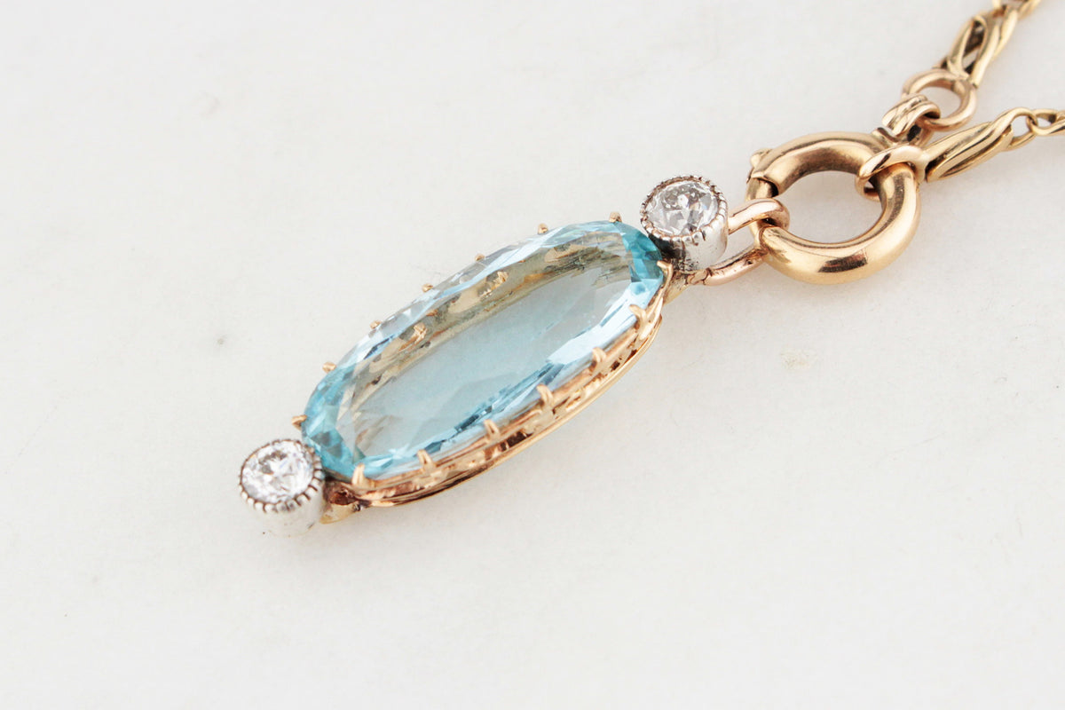 ANTIQUE 7ct AQUAMARINE &amp; OLD EUROPEAN CUT DIAMOND PENDANT 18ct GOLD