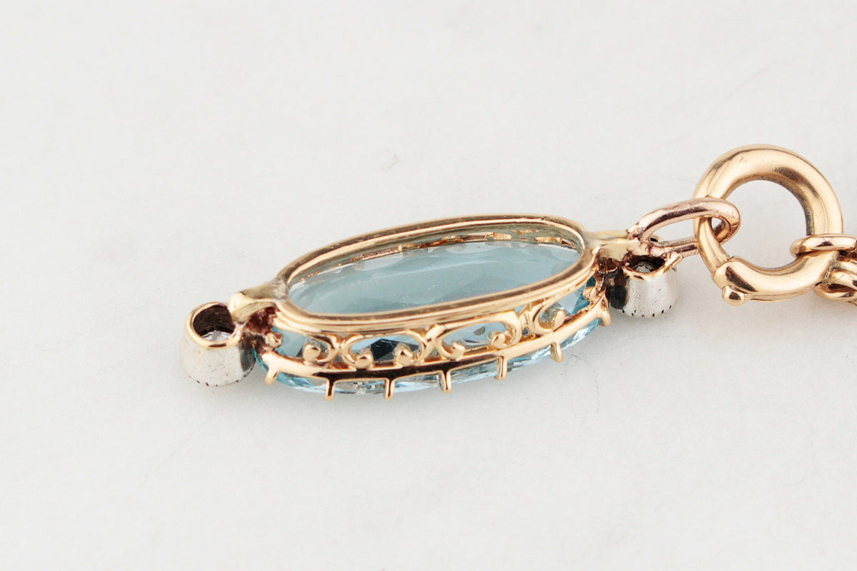ANTIQUE 7ct AQUAMARINE &amp; OLD EUROPEAN CUT DIAMOND PENDANT 18ct GOLD