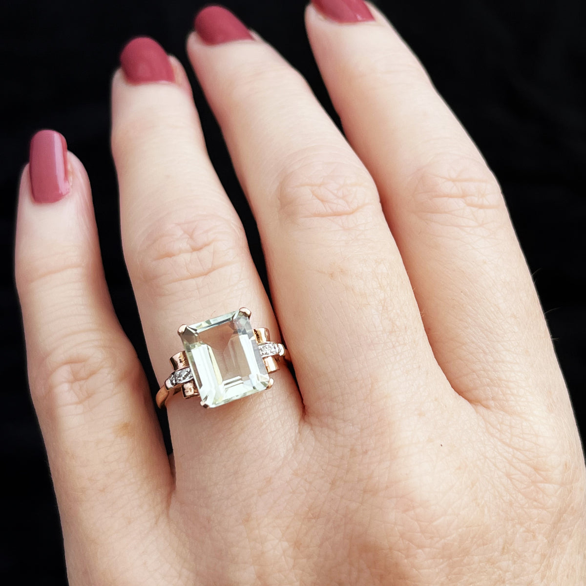 VINTAGE PRASIOLITE &amp; DIAMOND RING 9ct GOLD
