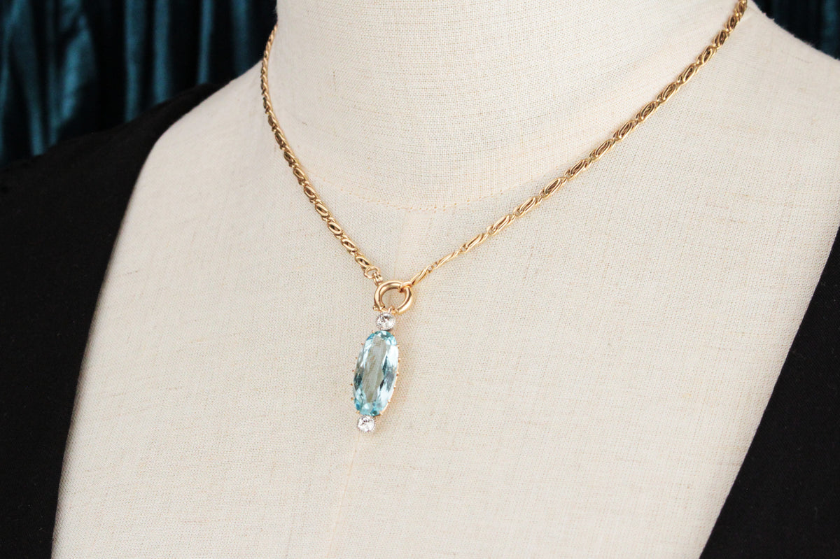 ANTIQUE 7ct AQUAMARINE &amp; OLD EUROPEAN CUT DIAMOND PENDANT 18ct GOLD
