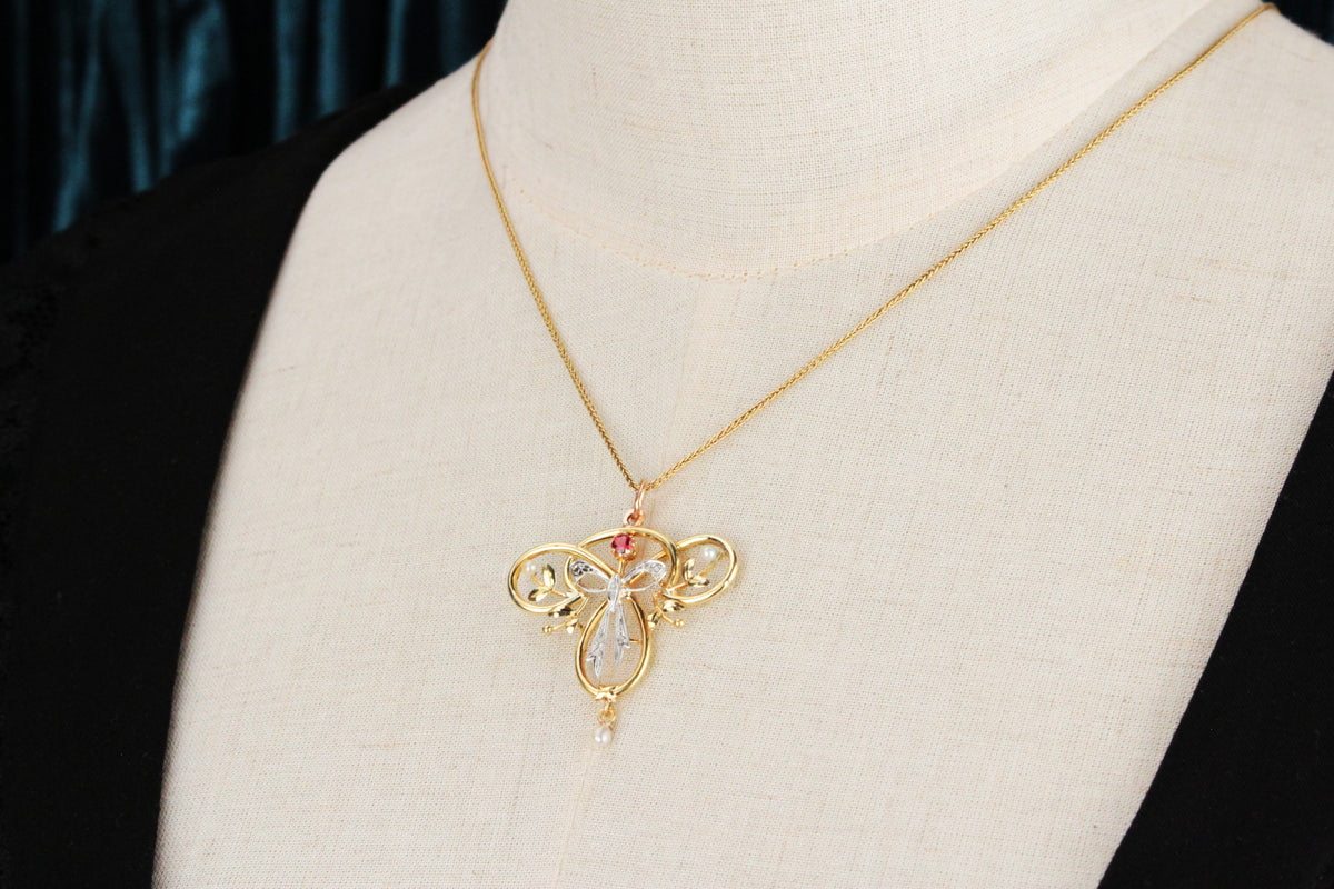 ANTIQUE EDWARDIAN RUBY, PEARL &amp; DIAMOND PENDANT 9ct GOLD