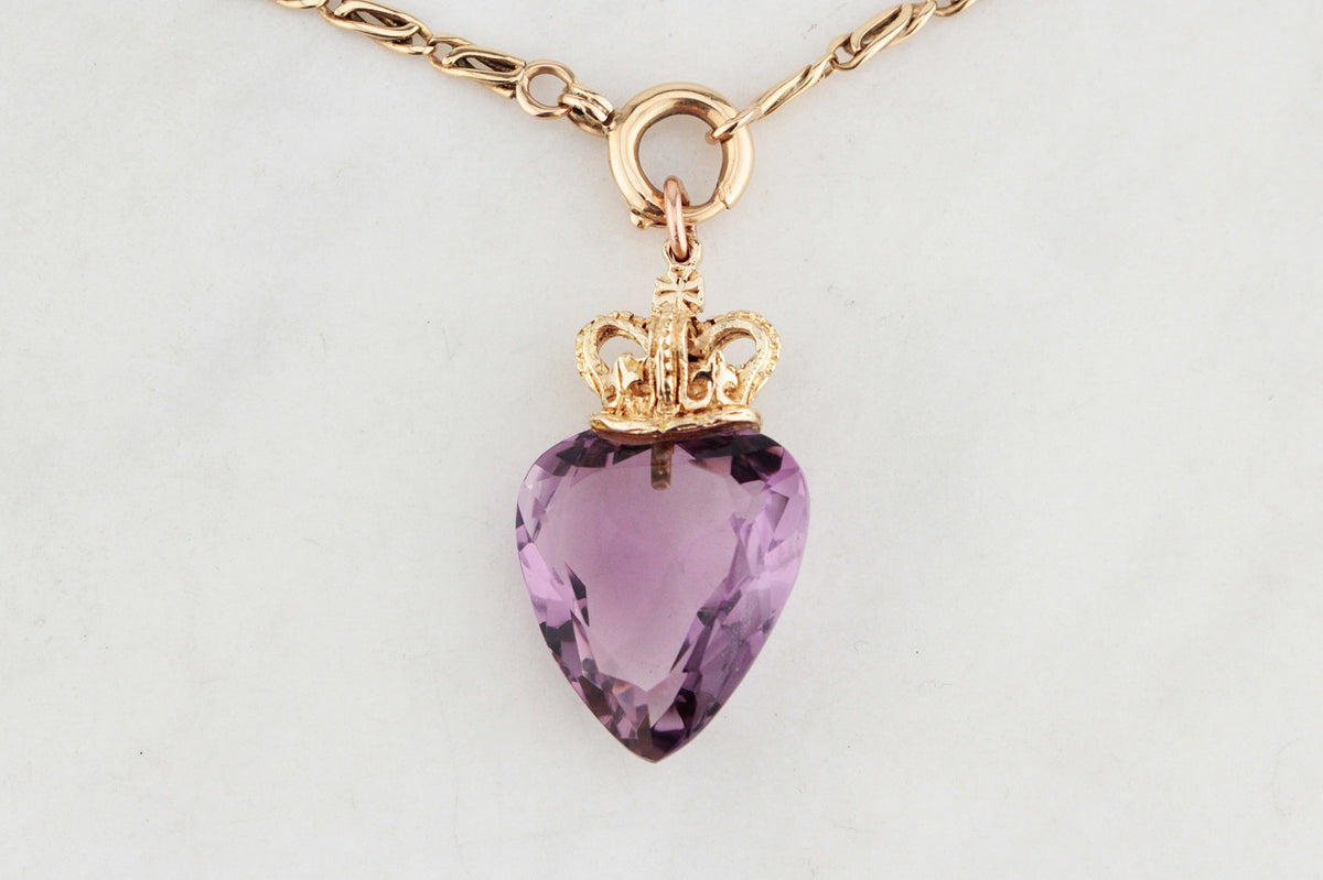 ANTIQUE EDWARDIAN c1915 AMETHYST HEART PENDANT 9ct GOLD