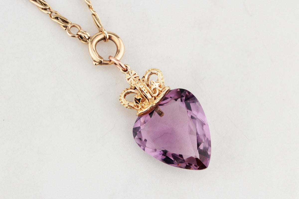 ANTIQUE EDWARDIAN c1915 AMETHYST HEART PENDANT 9ct GOLD