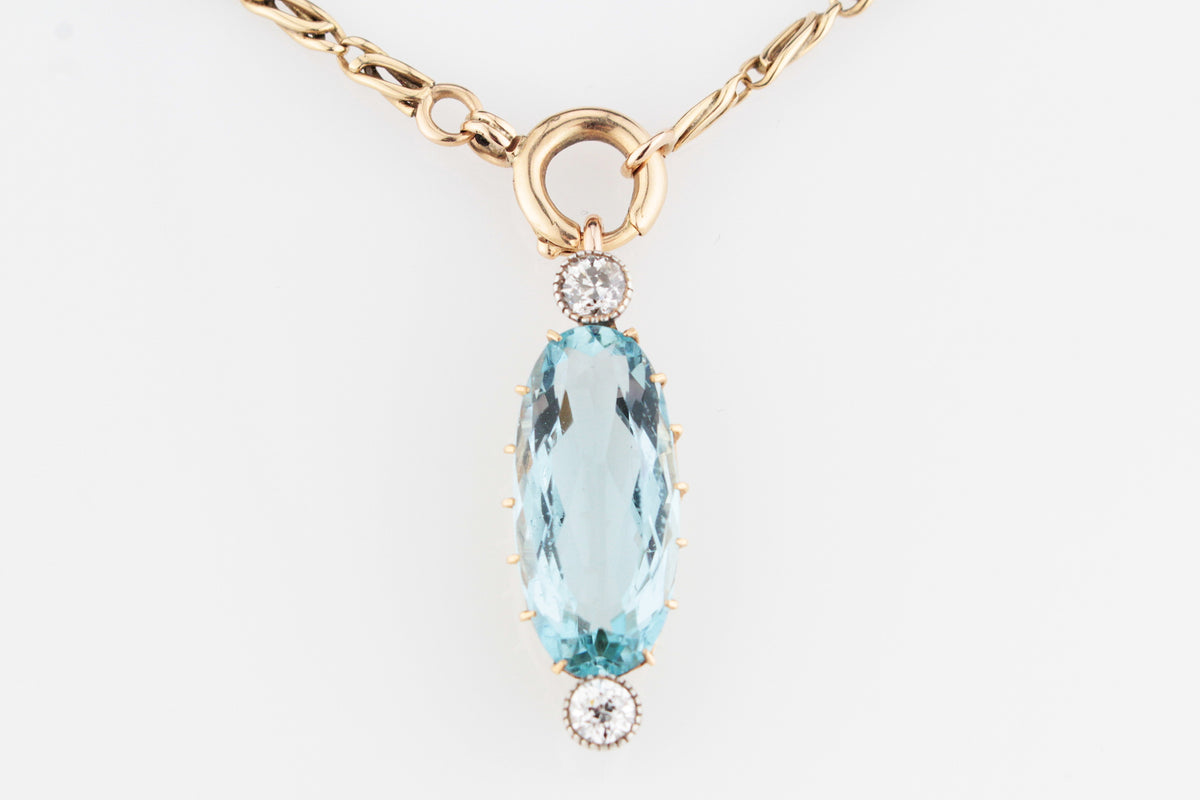 ANTIQUE 7ct AQUAMARINE &amp; OLD EUROPEAN CUT DIAMOND PENDANT 18ct GOLD