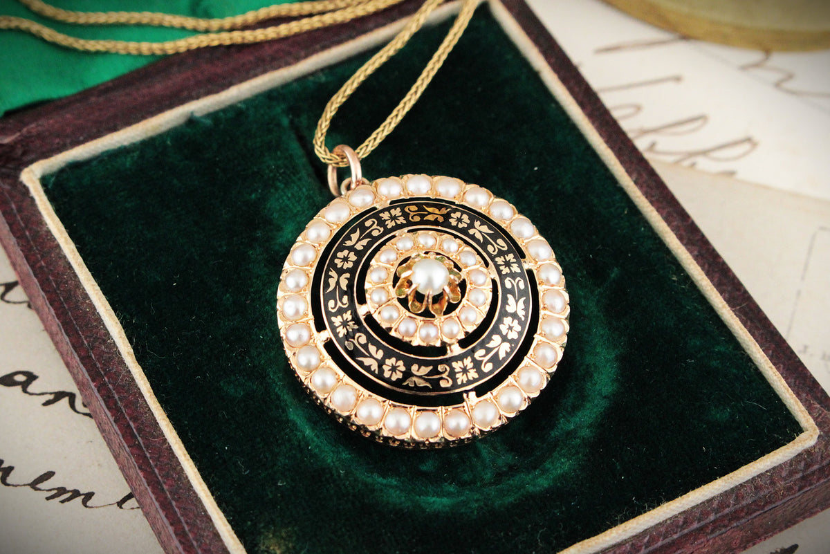 ANTIQUE VICTORIAN PEARL &amp; BLACK ENAMEL PENDANT 9ct GOLD