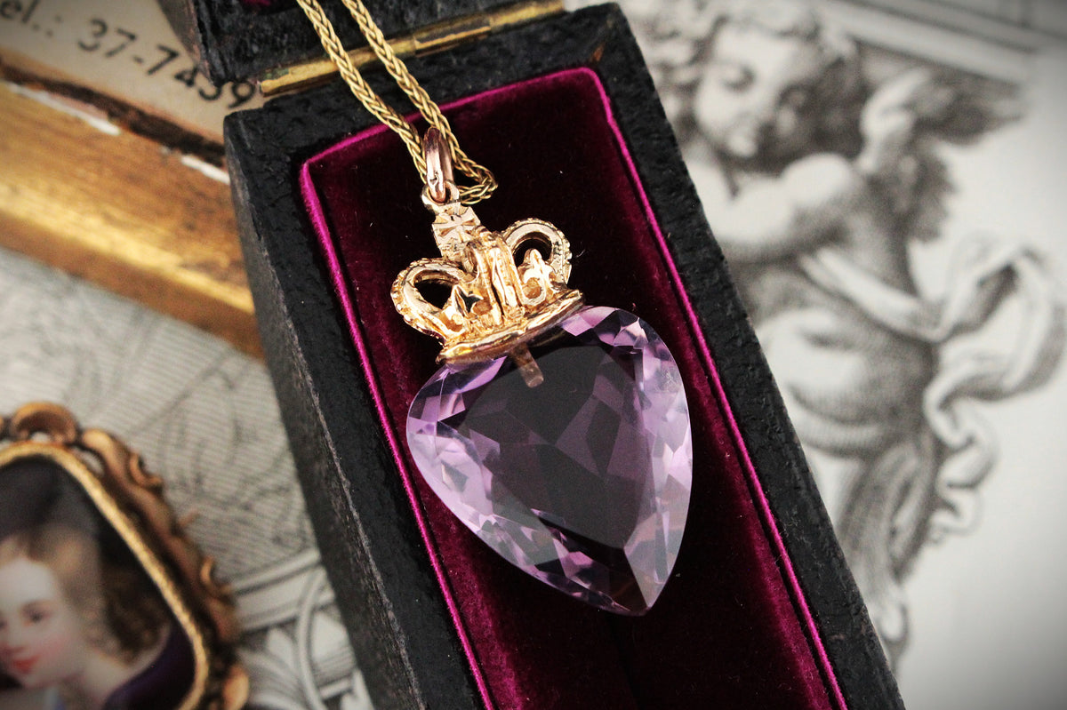 ANTIQUE EDWARDIAN c1915 AMETHYST HEART PENDANT 9ct GOLD