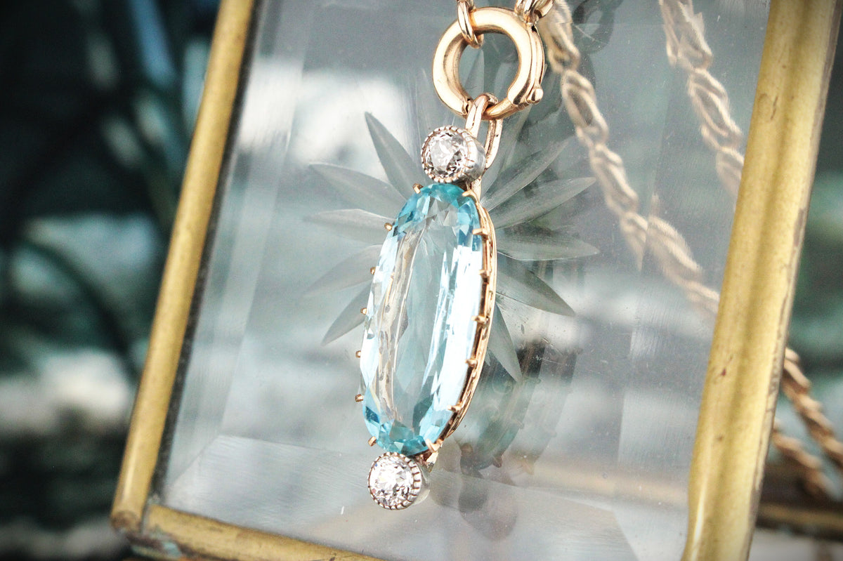 ANTIQUE 7ct AQUAMARINE &amp; OLD EUROPEAN CUT DIAMOND PENDANT 18ct GOLD