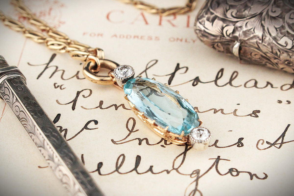 ANTIQUE 7ct AQUAMARINE &amp; OLD EUROPEAN CUT DIAMOND PENDANT 18ct GOLD