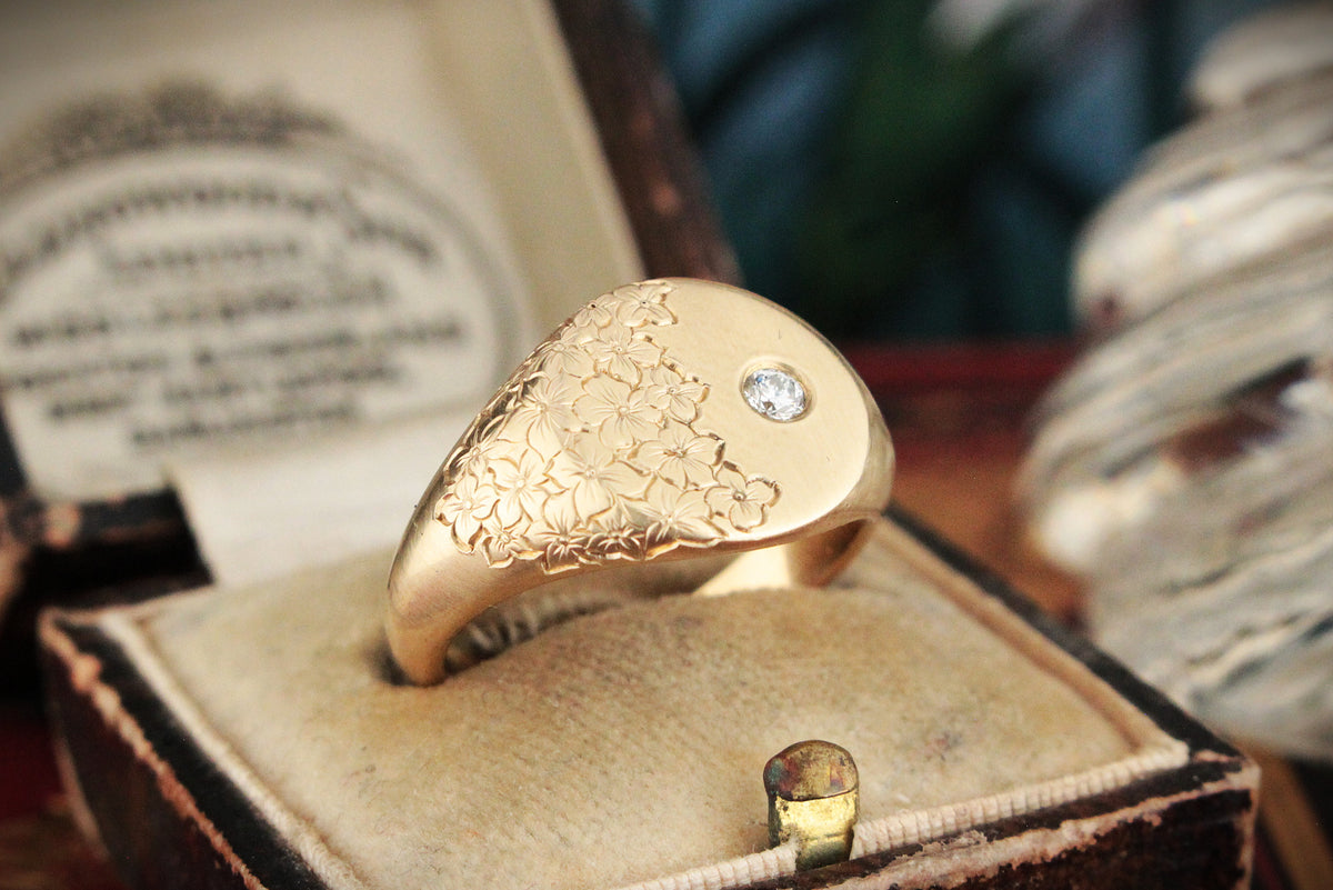BESPOKE DIAMOND FLORAL SIGNET RING 9CT GOLD