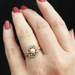 ANTIQUE BELLE EPOCHE PEARL & DIAMOND RING 18ct GOLD & PLATINUM