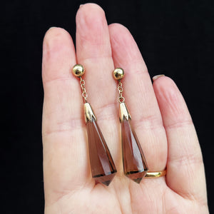 VINTAGE ART DECO SMOKY QUARTZ PENDELOQUE EARRINGS 9CT GOLD