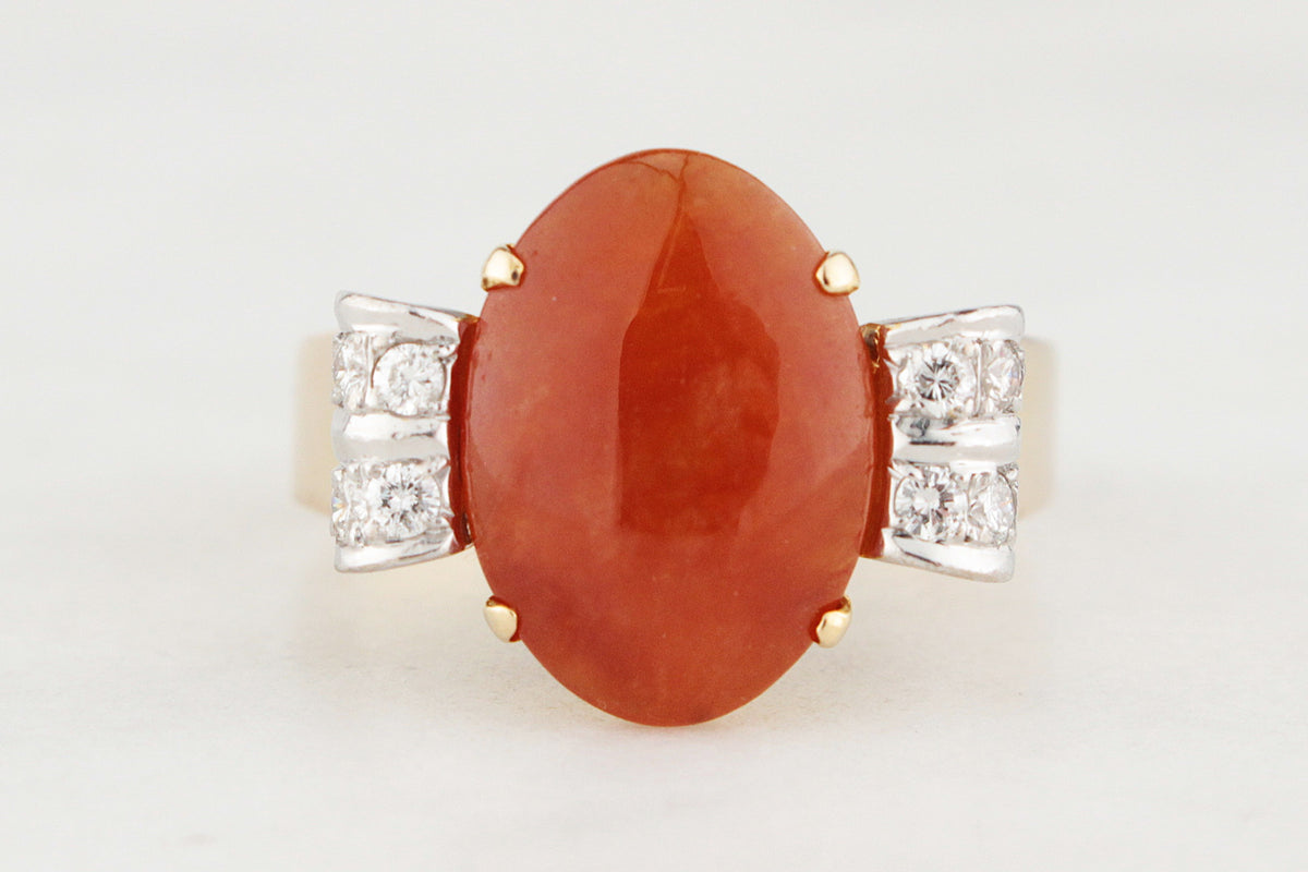 VINTAGE NATURAL ORANGE JADE &amp; DIAMOND RING 14ct GOLD