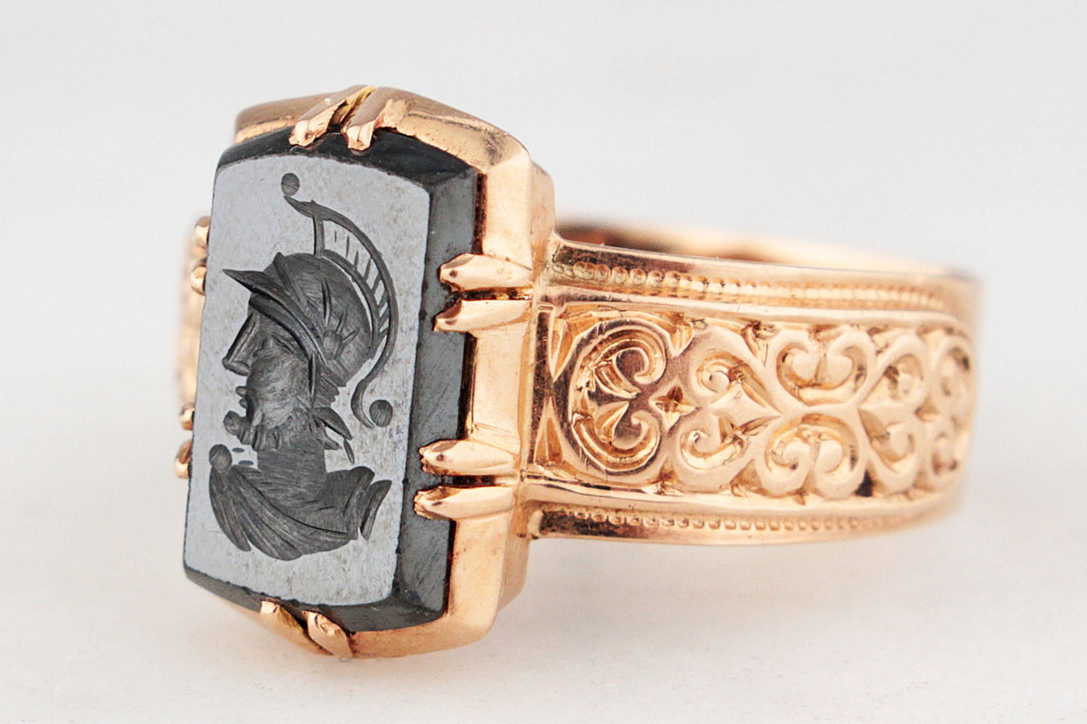 ANTIQUE VICTORIAN HEMATITE INTAGLIO RING 14ct ROSE GOLD