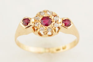 ANTIQUE VICTORIAN c1880 RUBY & DIAMOND RING 18ct YELLOW GOLD