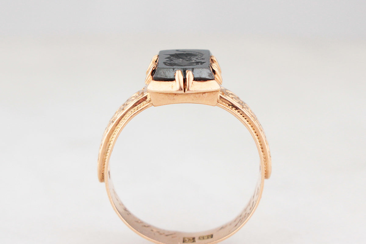 ANTIQUE VICTORIAN HEMATITE INTAGLIO RING 14ct ROSE GOLD