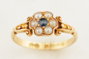 ANTIQUE EDWARDIAN 1905 SAPPHIRE AND PEARL FLOWER RING 18ct YELLOW GOLD