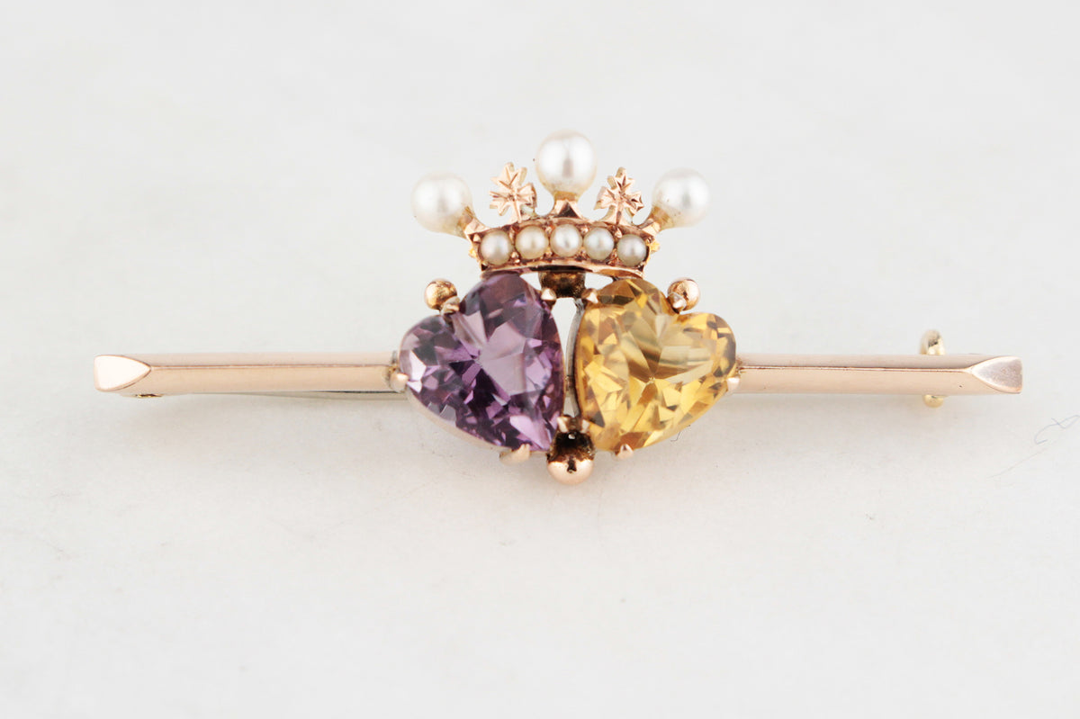 ANTIQUE VICTORIAN DOUBLE HEART &amp; CROWN BROOCH 9ct GOLD