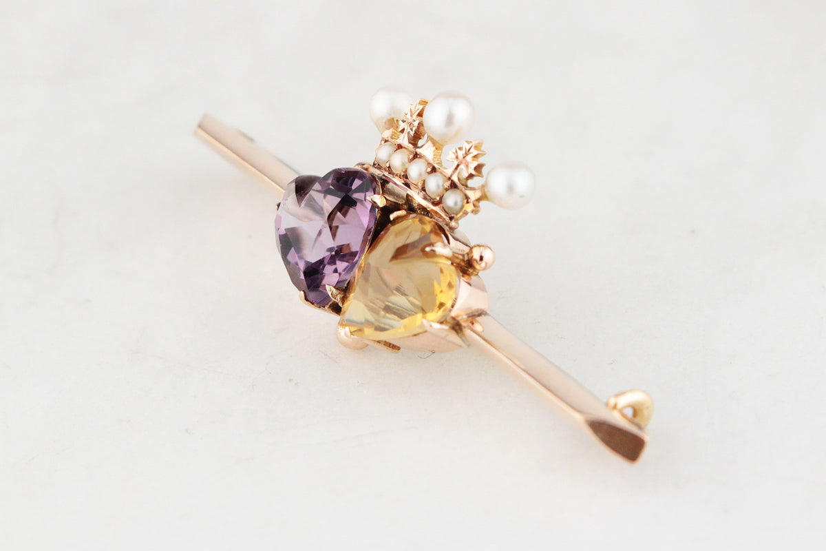 ANTIQUE VICTORIAN DOUBLE HEART &amp; CROWN BROOCH 9ct GOLD