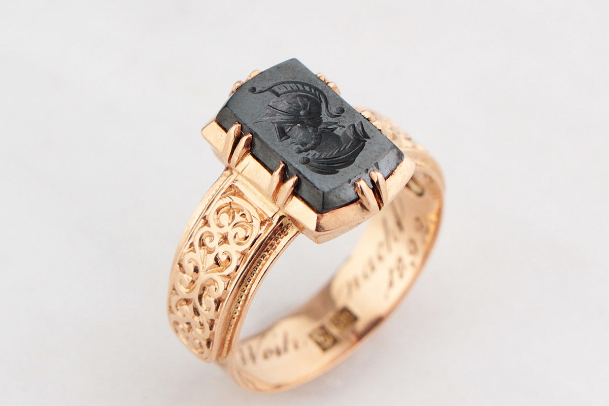 ANTIQUE VICTORIAN HEMATITE INTAGLIO RING 14ct ROSE GOLD