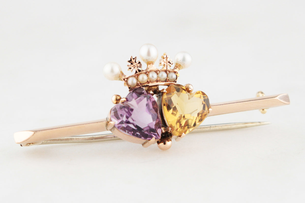 ANTIQUE VICTORIAN DOUBLE HEART &amp; CROWN BROOCH 9ct GOLD