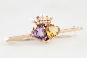 ANTIQUE VICTORIAN DOUBLE HEART & CROWN BROOCH 9ct GOLD
