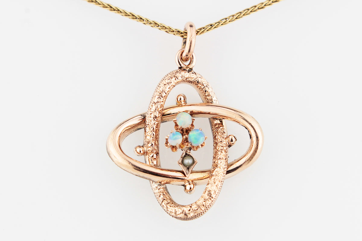 ANTIQUE EDWARDIAN CELESTIAL OPAL &amp; SEED PEARL PENDANT 9ct GOLD