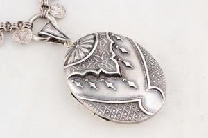 ANTIQUE STERLING SILVER AESTHETIC MOVEMENT BOOK CHAIN AND LOCKET