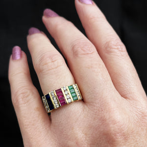 RETRO 80's EMERALD RUBY DIAMOND & SAPPHIRE RING 18ct GOLD