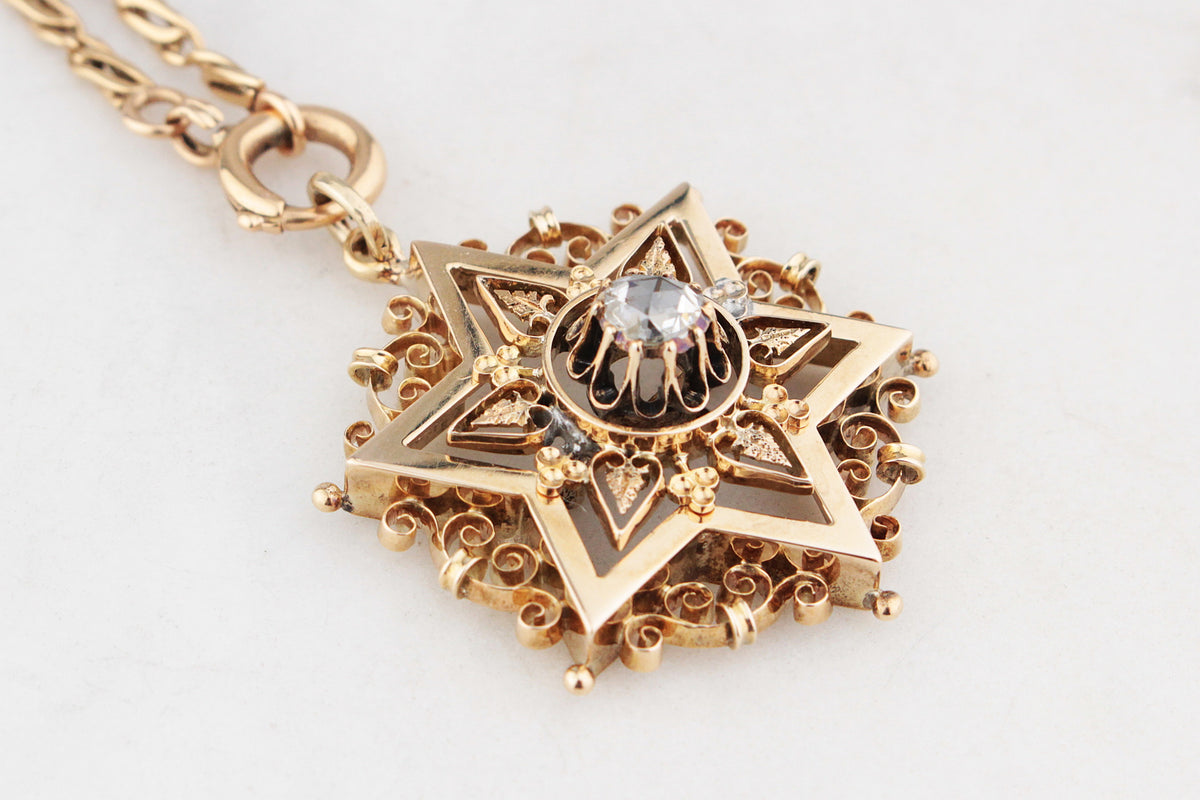 ANTIQUE VICTORIAN c1880 DIAMOND STAR PENDANT 15ct GOLD