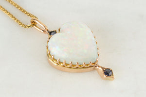 ANTIQUE EDWARDIAN c1900 SOLID OPAL HEART & SAPPHIRE PENDANT 15ct YELLOW GOLD