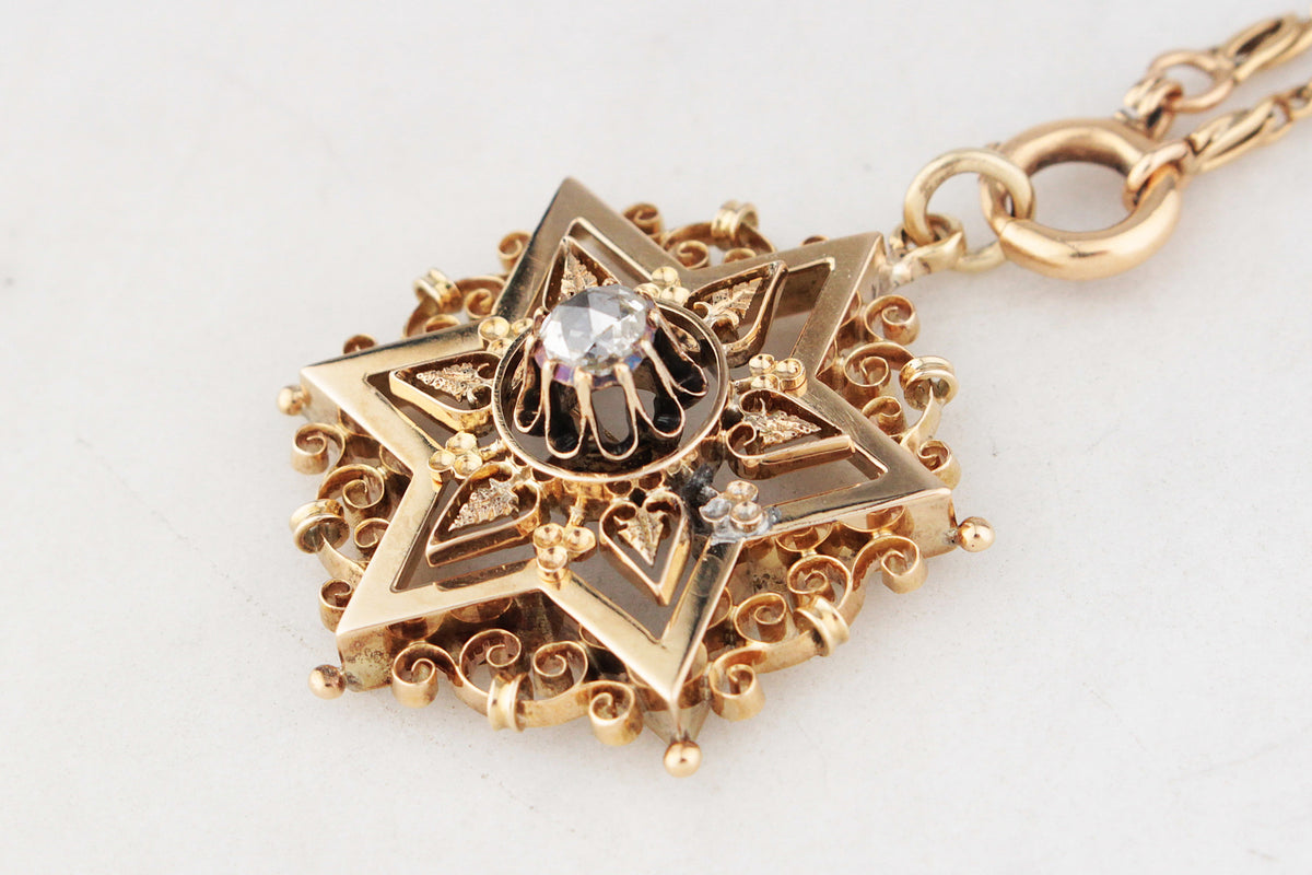 ANTIQUE VICTORIAN c1880 DIAMOND STAR PENDANT 15ct GOLD