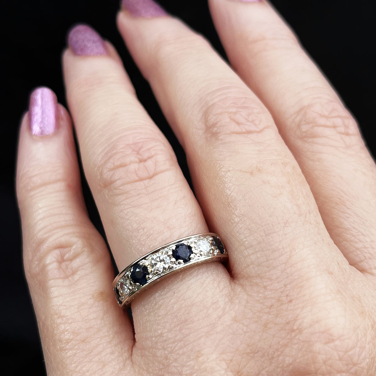 RETRO SAPPHIRE &amp; DIAMOND HALF HOOP RING 18ct GOLD