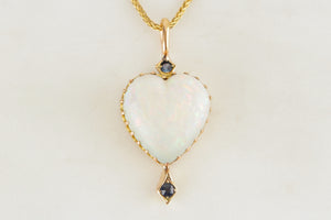 ANTIQUE EDWARDIAN c1900 SOLID OPAL HEART & SAPPHIRE PENDANT 15ct YELLOW GOLD