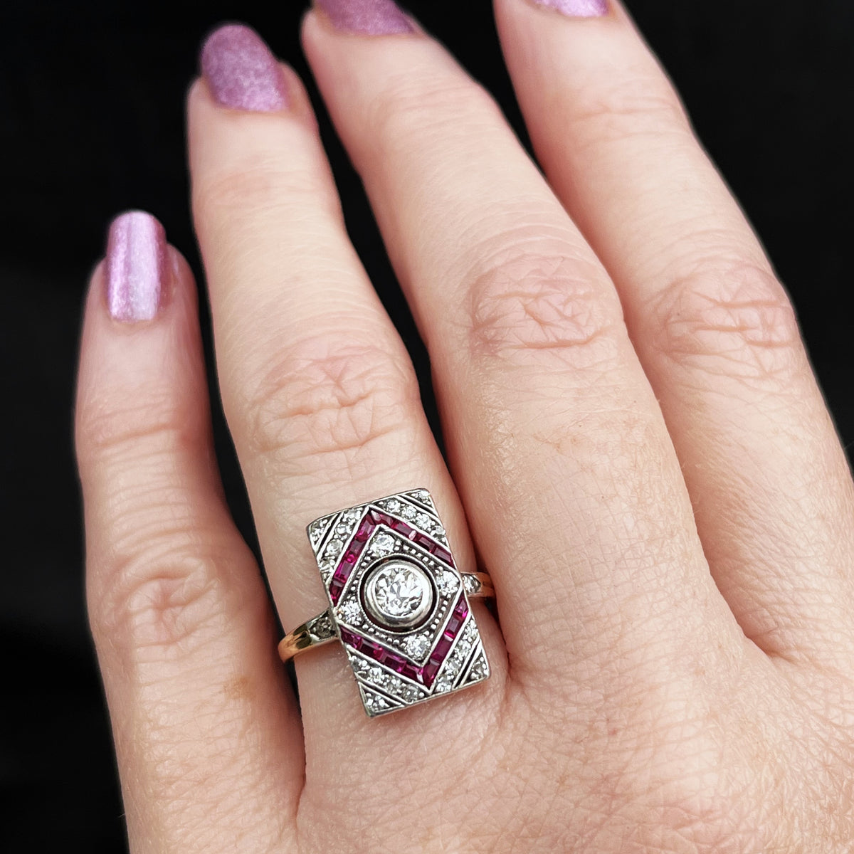 ANTIQUE FRENCH ART DECO DIAMOND &amp; RUBY RING 18ct GOLD