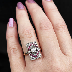 ANTIQUE FRENCH ART DECO DIAMOND & RUBY RING 18ct GOLD