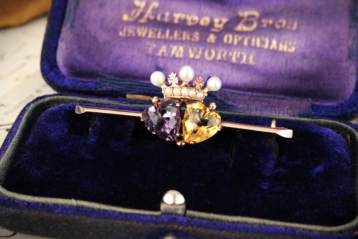 ANTIQUE VICTORIAN DOUBLE HEART &amp; CROWN BROOCH 9ct GOLD